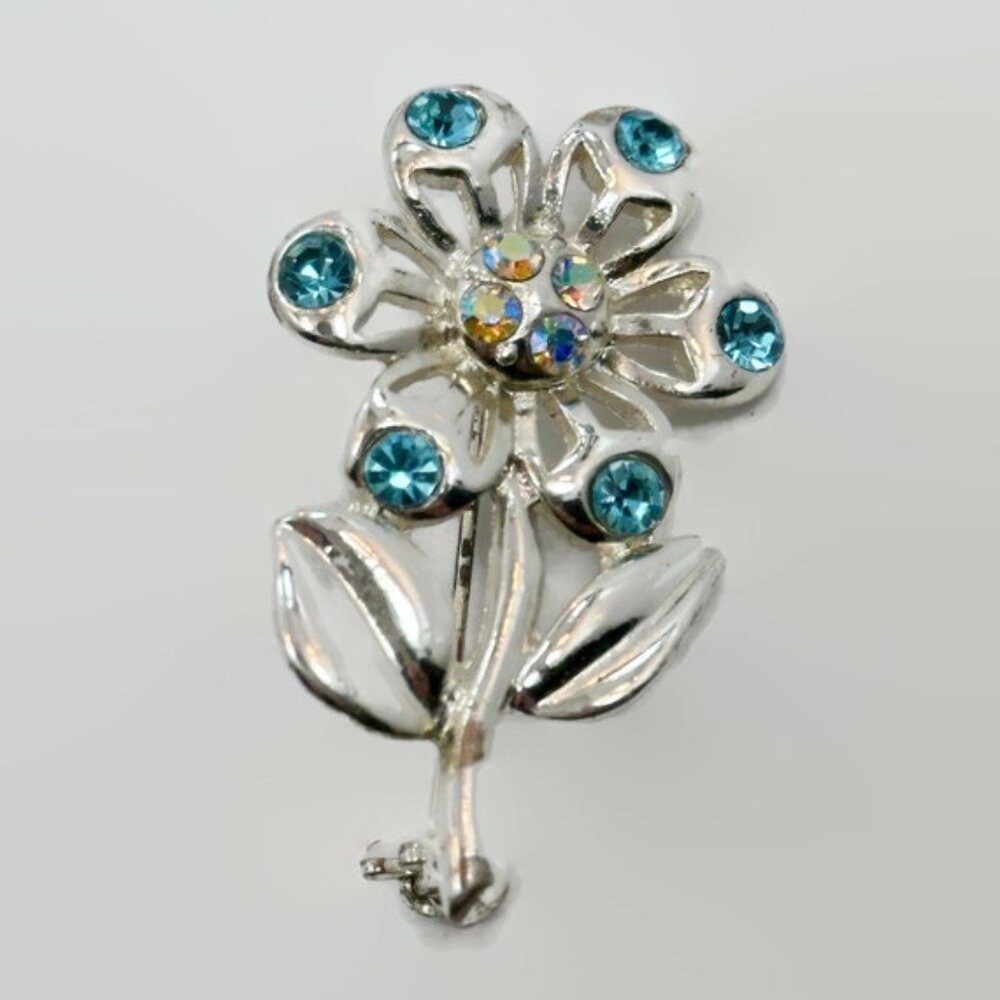 Flower Brooch, Silver Metal, Rhinestones, Daisy, Blue, AB, 70s, 60s, Vintage Pin